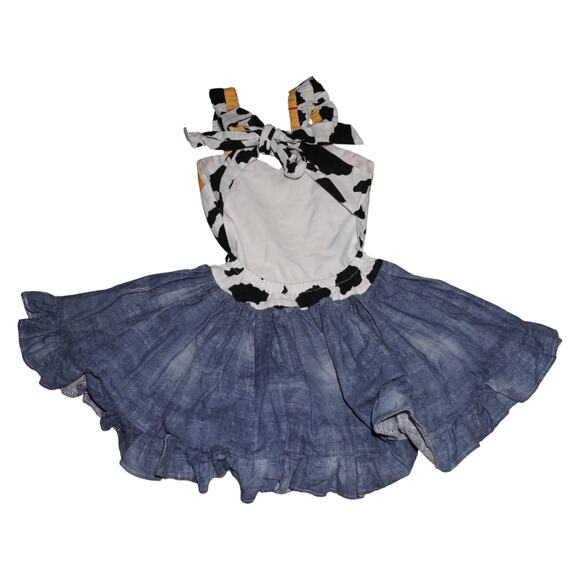 Woody Inspired Cow Print Denim Ruffle Dress Toddler 2T 3T Toy Story Costume - Picture 4 of 9